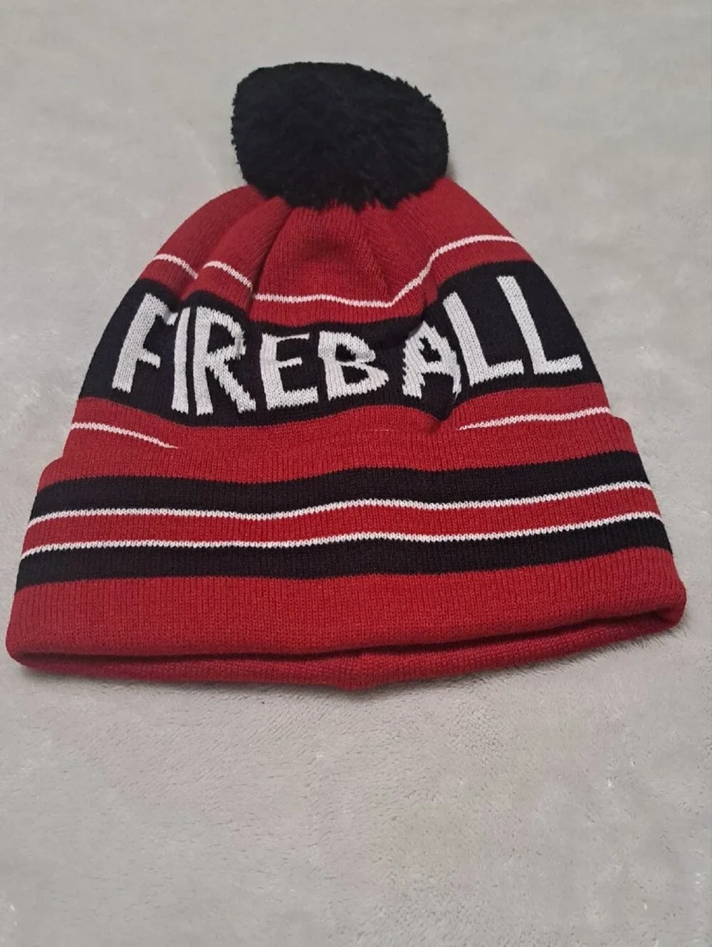 Red Cinnamon Whiskey 'Fireball' Pom Beanie Hat with Black Pom New in Packaging